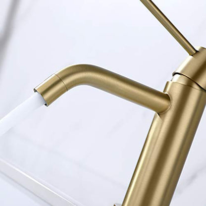 Brushed Gold Single Hole Bathroom Faucet, cUPC NSF Certificate Faucet | Brass Single Handle Bathroom Sink Faucet with Pop Up Drain Assembly and Deck Plate, 1 Handle Faucet for Vanity RV Restroom - color: Brushed Gold, size: Faucet with Deck Plate
