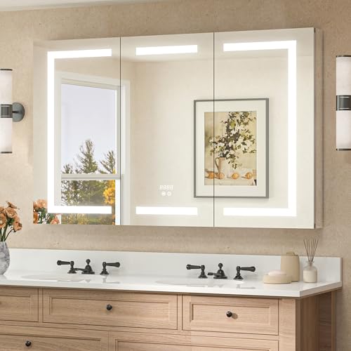 TETOTE 48 x 32 Lighted Medicine Cabinet with LED Lights, 3 Door Recessed or Wall Mount Bathroom Cabinet, Led Vanity Cabinet Mirror, Tempered Glass, Outlets & USB, Adjustable Shelf, 3-Color Lights - size: 48x32