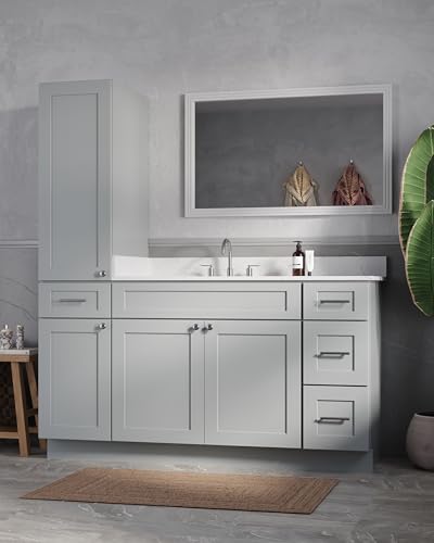 63" Bathroom Vanity with Linen Storage Tower and 4 Drawers, Carrara Quartz Top and Ceramic Sink, Left or Right Tower Option, Solid Wood Frame, 64" x 22" x 72" (Gray, Left Tall Cabinet) - color: Grey