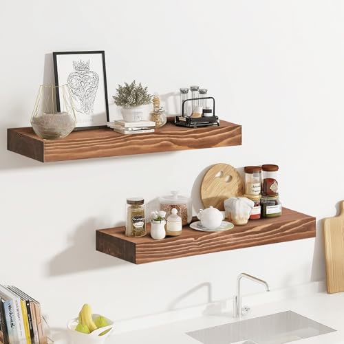 Solid Wood Floating Shelves, 17 Inch Wall Shelves, Set of 2, Brown | 8 Inch Deep, 1.6 Inch Thick, Extra-Wide Display Space, Mounting Hardware Included, For Kitchen, Bathroom and Living Room - color: Brown, size: 17x8x1.6