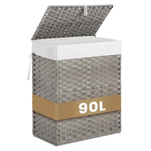 Wicker Laundry Hamper with Lid,24Gal (90 L) Rattan Laundry Basket 2 Sections with Lid, Removable Machine Washable Line, Large Clothes Hamper with Handles for Bathroom Bedroom, Gray - color: Gray, size: 90L