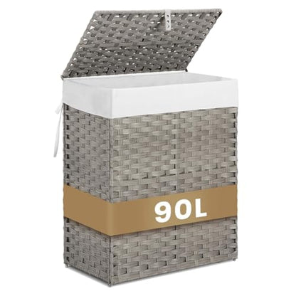 Wicker Laundry Hamper with Lid,24Gal (90 L) Rattan Laundry Basket 2 Sections with Lid, Removable Machine Washable Line, Large Clothes Hamper with Handles for Bathroom Bedroom, Gray - color: Gray, size: 90L