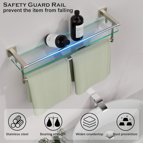 24-Inch Modern Wall-Mounted Bathroom Glass Shelf with 1 Shelf, Brushed Nickel, 1 Towel Bar, 45 lbs Weight Capacity - color: Brushed Nickel, size: 24-inch with Railing