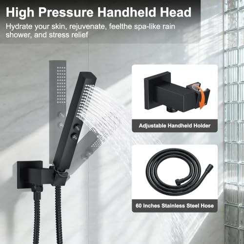 Matte Black Rainfall Shower System – Complete Spa Faucet Set with Handheld Sprayer & Mixer Valve – Tub Spout High Pressure Bathroom Fixture Trim Kit - color: Matte Black, size: 6''+12''+Bathtub Faucet