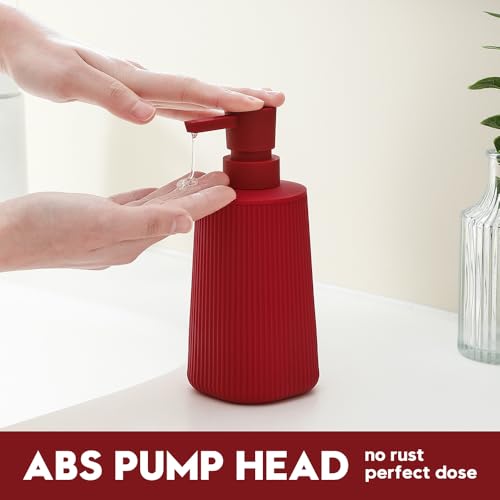 YAUKPH Small Soap Dispenser for Bathroom and Kitchen Matte Red | Modern Farmhouse Striped Style Plastic Hand Soap Dish Soap Dispenser with Pump - color: Red