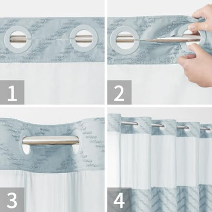 eachope No Hook Boho Farmhouse Shower Curtain with Snap-in Fabric Liner set-71Wx74H(72H),Tufted Chevron Striped Hotel Grade Cloth Shower Curtains for Bathroom with Window,Water Repellent,Fog Blue - color: Fog Blue, size: 71"W x 74"L (Pack of 1)