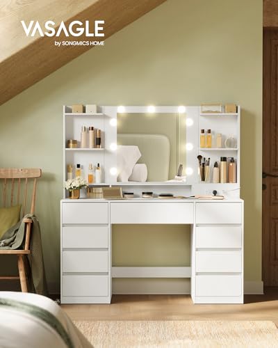 VASAGLE KAILYN Collection - Vanity Desk with Mirror and 9 LED Bulbs, Modern Vanity Makeup Table with Power Outlets, Dressing Table with 9 Drawers, for Bedroom, Cloud White URDT141WB01S - style: 43.3"W 9 Drawers Vanity Desk - Cloud White