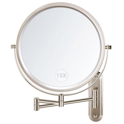 Wall Mounted Makeup Mirror | 15X/1X Double Sided Magnifying Mirror, 8.5 Inch Round, Brushed Nickel, Modern Style, Space Theme, 13" L x 11" W - color: Nickel
