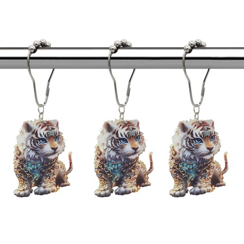 Tiger Shower Curtain Hooks Set of 12, Animal Theme Room Decor | Rustproof Metal Stainless Steel Curtain Rings, Decorative Acrylic Tiger Forest Wildlife Park Theme Bathroom Decor Set