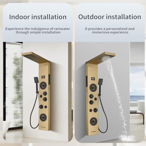Brushed Gold Shower Panel LED Rainfall Waterfall Shower Head | 6 Functions,Rain Massage,Body Jets,Handheld Shower,Tub Spout,Temperature Display,Wall Mount, Stainless Steel Shower Panel - color: Brushed Gold, style: Shower Panel-LED