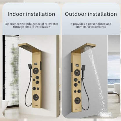 Brushed Gold Shower Panel LED Rainfall Waterfall Shower Head | 6 Functions,Rain Massage,Body Jets,Handheld Shower,Tub Spout,Temperature Display,Wall Mount, Stainless Steel Shower Panel - color: Brushed Gold, style: Shower Panel-LED