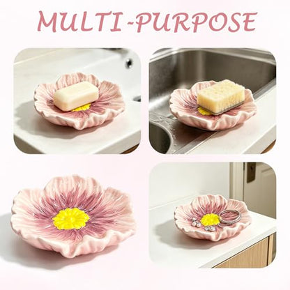 Ceramic Soap Holder with Flower Arrangements, Automatic-Draining Soap Tray for Bathroom Sink & Shower, Small Cute Elegant Glazed Holder, Easy to Clean（Rosy） - color: Rosy