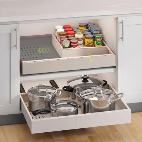 Fokyfok Pull out Cabinet Organizer,Expandable,No Drill,Heavy Duty,Kitchen | 16"-21"Wx13"-17"D,3 Rails,Pull out Drawers,Cabinet Drawers Slide out,Roll out Shelves,Pantry,Bathroom,Adhesive,Adjustable,1PC - size: 16"-21"W X 13"-17"D