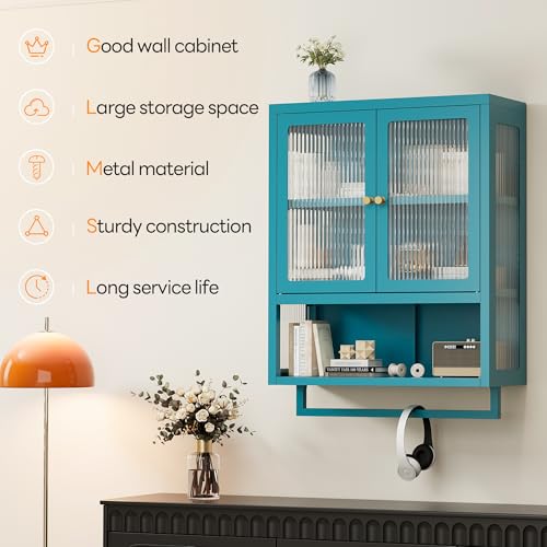 Bathroom Wall Cabinet with 2 Glass Door, Bathroom Medicine Cabinet with Towels Bar and Shelves, Over The Toilet Storage Cabinet, Metal Wall Mounted Cabinet for Kitchen (Blue) - color: Blue