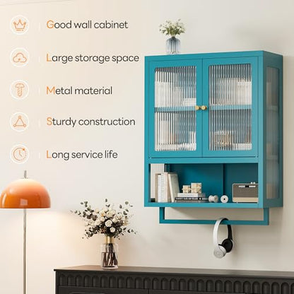 Bathroom Wall Cabinet with 2 Glass Door, Bathroom Medicine Cabinet with Towels Bar and Shelves, Over The Toilet Storage Cabinet, Metal Wall Mounted Cabinet for Kitchen (Blue) - color: Blue