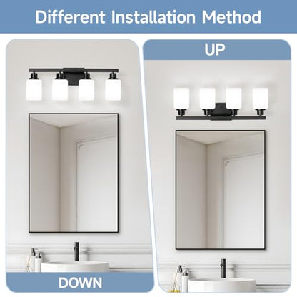 4-Light Bathroom Vanity Light, Modern Matte Black Bathroom Light Fixtures with Square Frosted Glass, Wall Sconces fixtures Over Mirror Restroom,Living Room Hallway E26 - color: Black, size: 4-Light