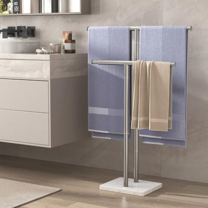 ELYKEN Standing Towel Rack for Bathroom, Adjustable 2-Tier Towel Stand | Weighted Marble Base, Brushed Stainless Steel, Freestanding Design, Holds Bath Towels, Rust Resistant, Ideal for Bathroom - size: 2 Tiers