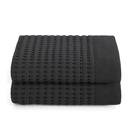 GILDEN TREE Waffle Hand Towels for Bathroom Quick Dry Large Luxury Lint Free Super Absorbent Cotton Hand Towels Set of 2, Modern Style (Faded Black) - color: Faded Black, size: Hand Towel (20" x 37") 2 Pack