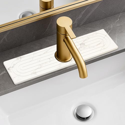 Fast Dry Stone Faucet Mat for Bathroom Sink Kitchen Counter Marble Trays | Small Diatomite Sink Splash Guard White Absorbent Tray Counter Quick Drying Stone Kitchen Diatomaceous Earth Around Faucet - color: White Marble, size: 15.8" x 4"
