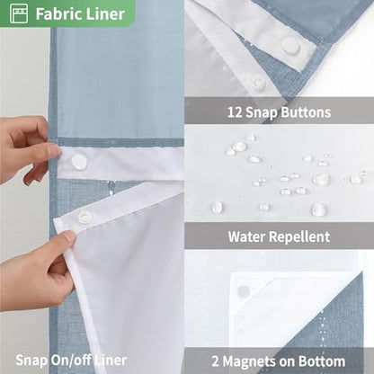 eachope No Hook Stall Shower Curtain with Snap-in Fabric Liner - 54x80 Heavy-Duty Linen Textured Striped Design,Narrow Rustic Modern Farmhouse Bohemian Bathroom Curtain,Water-Repellent,Blue | 230GSM Thick Fabric,Hotel Luxury Decor,Mesh Top Window,Waterpro