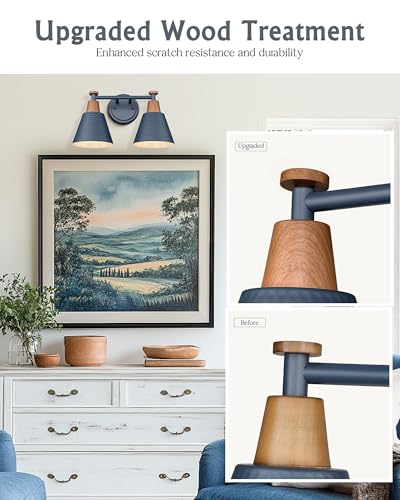 FEMILA 2 Light Bathroom Vanity Light, 15" Modern Bathroom Lighting Fixtures Over Mirror, with Woodgrain Finsih, 4FG59B-2W Blue-NW - color: Navy Blue & New Woodgrain, size: 15"