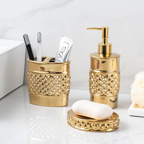 3-Piece Gold Ceramic Bathroom Accessories Set - Luxurious Soap Dispenser, Toothbrush Holder & Soap Dish with Modern Geo Embossed Design for Bathroom Accessory Set - color: Gold 022