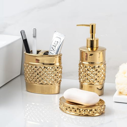 3-Piece Gold Ceramic Bathroom Accessories Set - Luxurious Soap Dispenser, Toothbrush Holder & Soap Dish with Modern Geo Embossed Design for Bathroom Accessory Set - color: Gold 022