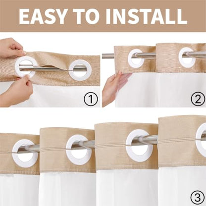 No Hooks Beige Boho Faux Linen Shower Curtain with Snap-in Liner Set, Textured Hotel Luxury Bathroom Curtain with See Through Top Window, Waterproof & Washable, 72x72 inches - color: Beige, size: 72"W x 72"L (Pack of 1), style: No Hooks