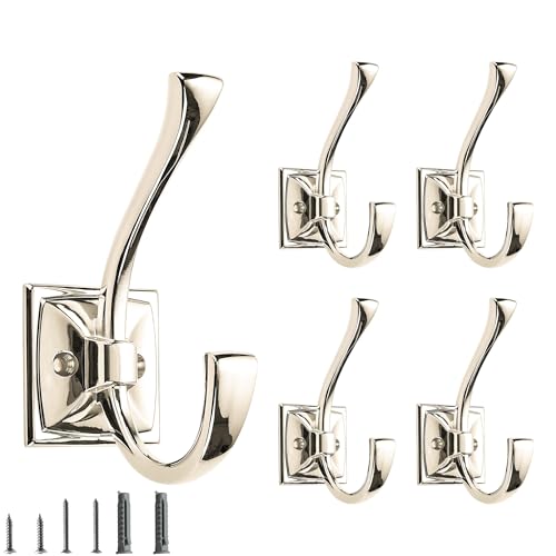 5 Pack Decorative Heavy Duty Towel Hooks for Hanging Robe Double Polished Nickel Coat Hooks Wall Mounted with Screws for Key, Towel, Bags, Cup, Hat - color: Polished Nickel