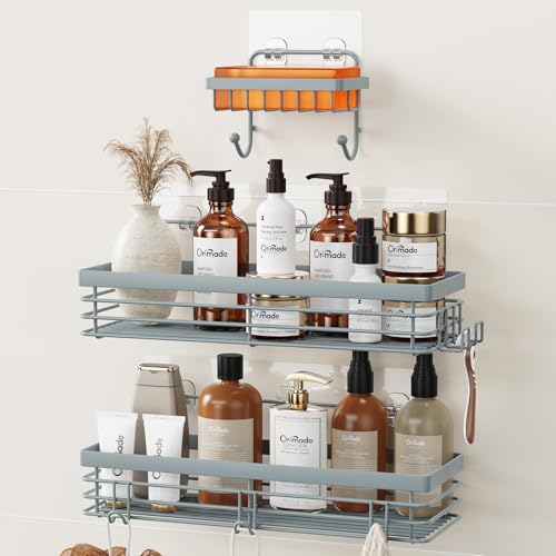 Orimade Adhesive Shower Caddy Soap Dish Holder Shelf with 5 Hooks Bathroom Organizer Basket Kitchen Storage Rack Wall Mounted No Drilling Stainless Steel - 3 Pack, Light Blue Grey - color: Light Blue Grey - 3 Pack