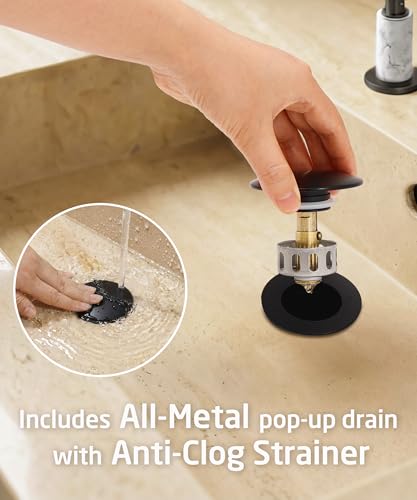 KES Natural Italian Carrara Marble Matte Black Bathroom Faucet 3 Hole with All Metal Pop Up Sink Drain, 8 Inch Widespread Bathroom Sink Faucet for Vanity, 360° Swivel Spout, 18/8 Stainless Steel - color: Matte Black