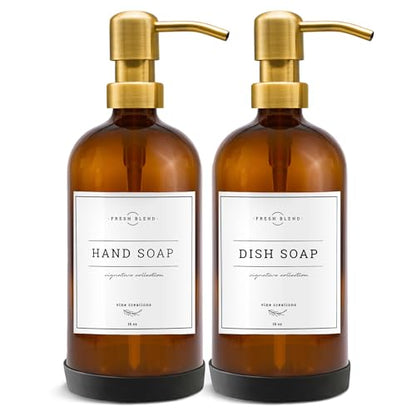 Vine Creations Amber Glass Soap Dispenser, 2 Pack Kitchen Soap Dispenser Set with Stainless Steel Pump, 16 oz Dish Soap and Hand Soap Dispensers for Bathroom with Waterproof Labels - color: Amber Bottle / Gold Pump