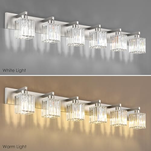 Aipsun Brushed Nickel Bathroom Light Fixtures 6 Light Vanity Lighting Fixture Crystal Modern Bathroom Vanity Light (Exclude Bulb) - color: Brushed Nickel, size: 49 inch