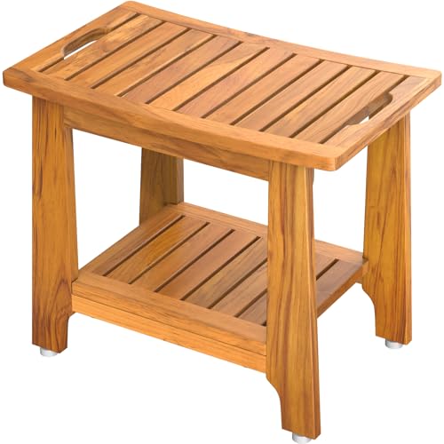 NNN 21" Standard Teak Shower Bench with Japan-Made Non-Slip Leveling Feet | US Patented Design, Marine-Grade Hardware, Pre-Oiled European Teak Oil, Ready, 300lb, for Showers Spa Sauna & Outdoor Pools - size: 21"W x 13" Dx 18"H
