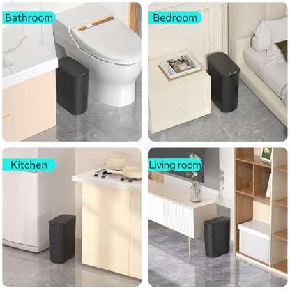 5 Gallon Motion Sensor Bathroom Trash Can Automatic Garbage Cans with Lid Touchless Smart Slim Plastic Trash Bin for Kitchen, Bedroom, Toilet, Office, Living Room - color: Black