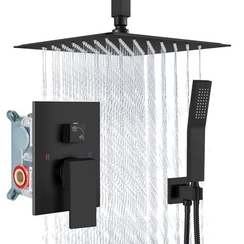 Aolemi Ceiling Mount Shower System Rain Shower Head with Handheld Spray High Pressure Shower Faucet Set Rough-in Valve Shower Trim Kit Included Bathroom Matte Black 12 Inch Ceiling Shower Head - color: Black, size: 12 Inch Ceiling Shower Head