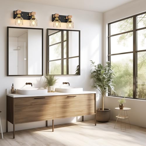 FadimiKoo Rustic Style Wood Bathroom Wall Sconces, 2-Light Black Gold Bathroom Vanity Light Fixtures with Metal Shade, Light Fixtures Wall Mount for Living Room, Hallway, Dressing Table - color: Black & Gold, size: 2-Lights