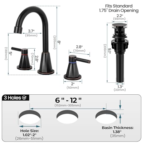 8 Inch Bathroom Faucet 3 Hole ORB 2 Handle Bathroom Sink Faucet | Stainless Steel, 360° Swivel Spout, Widespread 2 Handle, Includes Pop-Up Drain,Water Supply Lines,Oil Rubbed Bronze - color: Oil Rubbed Bronze