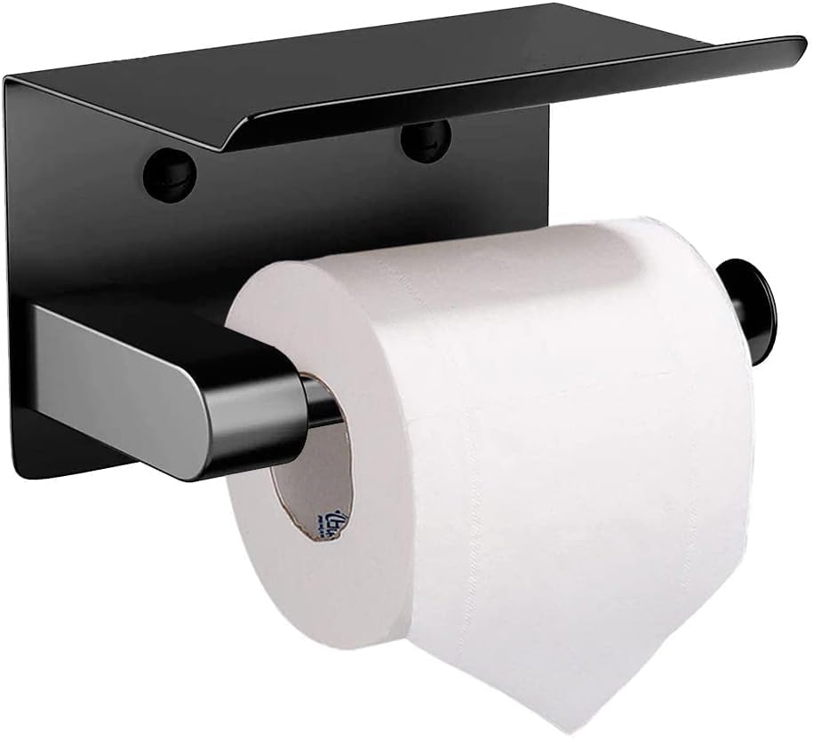 Premium Toilet Paper Holder with Phone Shelf, Wall Mounted, for Bathroom, Living Room, Restroom, RV, and so on, Stainless Steel-Rustproof,Tissue Roll Holder with Storage Shelf-Black(YaoJooHome) - color: Black