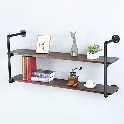Industrial Pipe Shelves With Wood Planks,Rustic Pipe Shelving Wall Shelf | Metal Pipe Solid Pine Wood,Easy to Assemble,Wooden Board Thickness 0.78 In,For Bar Farmhouse Kitchen Office Bathroom,Bedroom - color: 2-layer, size: 48in