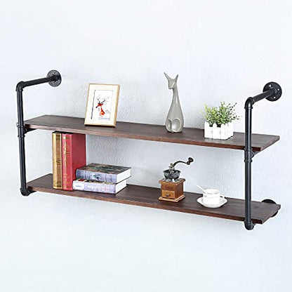 Industrial Pipe Shelves With Wood Planks,Rustic Pipe Shelving Wall Shelf | Metal Pipe Solid Pine Wood,Easy to Assemble,Wooden Board Thickness 0.78 In,For Bar Farmhouse Kitchen Office Bathroom,Bedroom - color: 2-layer, size: 48in