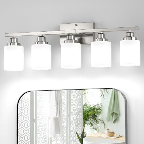 5-Light Bathroom Light Fixture, Brushed Nickel Vanity Lights Over Mirror, Anti-Rust, White Glass Shades, E26 Base, Bulb Not Included - color: Brushed Nickel-5 Light