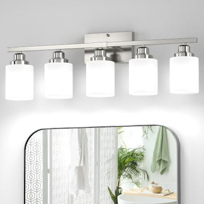 5-Light Bathroom Light Fixture, Brushed Nickel Vanity Lights Over Mirror, Anti-Rust, White Glass Shades, E26 Base, Bulb Not Included - color: Brushed Nickel-5 Light