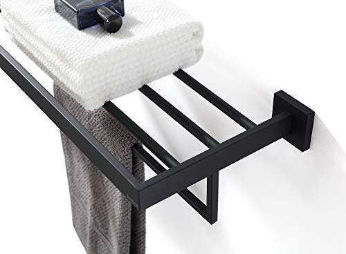 Towel Rack, Towel Shelf for Bathroom, Square Modern Hotel Style Towel Rack with Shelf, 24Inch, Matte Black, Wall Mounted, No Assembly, 071100-MB Les Series