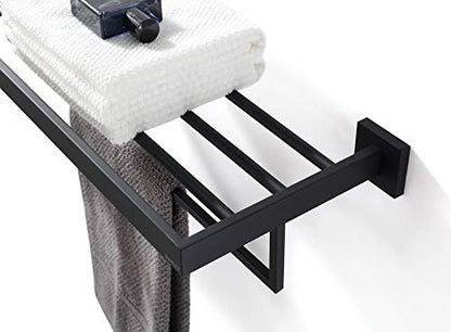 Towel Rack, Towel Shelf for Bathroom, Square Modern Hotel Style Towel Rack with Shelf, 24Inch, Matte Black, Wall Mounted, No Assembly, 071100-MB Les Series