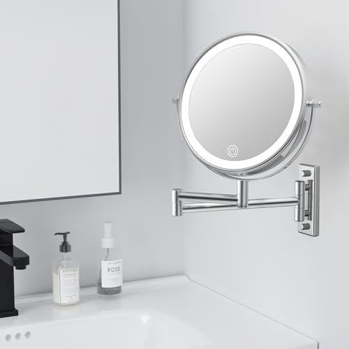 1X/20X Wall Mount Makeup Mirror with Lights and Magnification, Chrome | 8" Double Sided Wall Mounted Magnifying Mirror with 360° Swivel Extension Arm, Dimmable, Rechargeable, Touch Control, Silver - color: Chrome