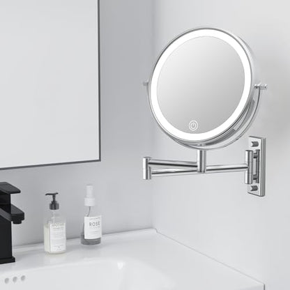 1X/20X Wall Mount Makeup Mirror with Lights and Magnification, Chrome | 8" Double Sided Wall Mounted Magnifying Mirror with 360° Swivel Extension Arm, Dimmable, Rechargeable, Touch Control, Silver - color: Chrome