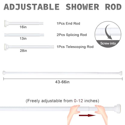 Thestoa Shower Curtain Rod Adjustable 43-66 inch, 1"Diameter Spring Tension Curtain Rod No Drill, Anti-Rust Non-Slip Shower Rod, White Shower Curtain Rod for Bathroom Tension - color: White, size: 43"- 66"