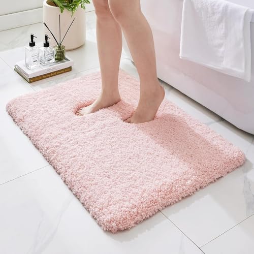 Bathroom Rugs Non Slip Washable, Ultra Thick Soft Microfiber Absorbent Bath Mats, High Density Foam Latex Non Slip Backing Bath Rugs, Fluffy Floor Carpet for Tub&Shower 24x17, Pink - color: Pink, size: 24" X 17"(Small Bathroom Rug)