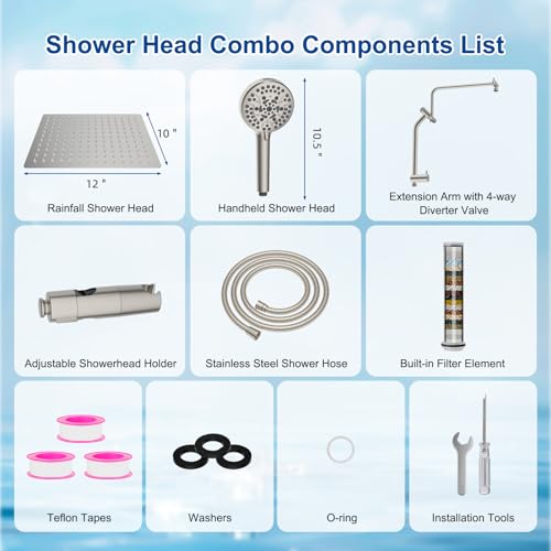 Metal 12" Rain Showerhead with 10-Spray Handheld, Easy Reach 4-way Diverter | Brushed Nickel Finish, Upgraded High Pressure Shower Head with Pause Mode, 71" Stainless Steel Hose/12" Extension Arm - color: Brushed Nickel, style: Square 12"